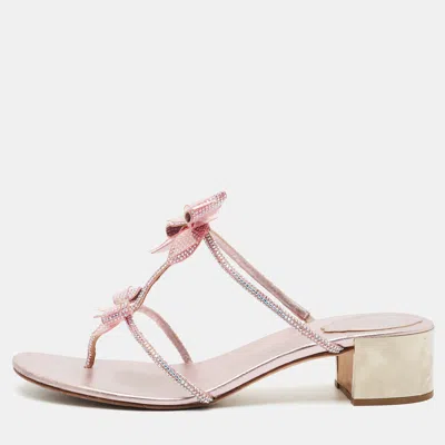 Pre-owned René Caovilla Caterina Size 41 Pink Satin Bow Crystal Embellished Thong Slide Sandals
