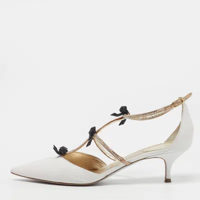 Pre-owned René Caovilla Caterina Size 41.5 White Leather And Satin Bow Crystal Embellished Pumps