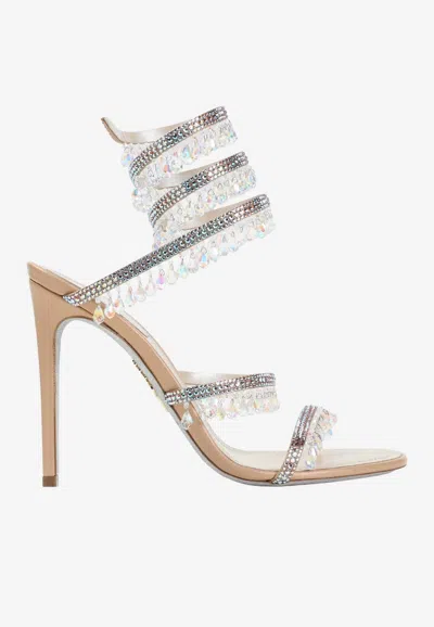 René Caovilla Chandelier 105 Crystal Fringe Satin Stiletto Sandal In White
