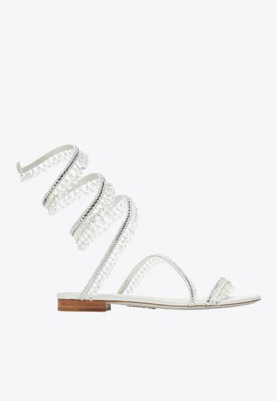 René Caovilla Chandelier Crystal Flat Sandals In White