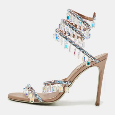 Pre-owned René Caovilla Chandelier Size 36 Beige Satin Crystal Embellished Ankle Wrap Sandals