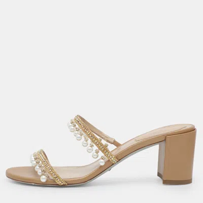 Pre-owned René Caovilla Chandelier Size 37.5 Beige Crystals Slide Sandals