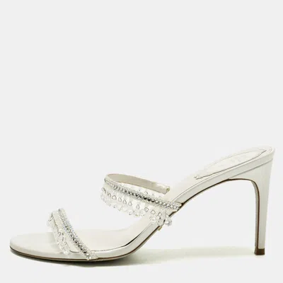 Pre-owned René Caovilla Chandelier Size 38 White Satin Crystal Embellished Slide Sandals