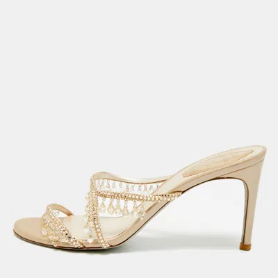 Pre-owned René Caovilla Chandelier Size 39 Beige Satin Slide Sandals