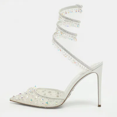 Pre-owned René Caovilla Chandelier Size 41 White Mesh Crystal Embellished Ankle Wrap Sandals