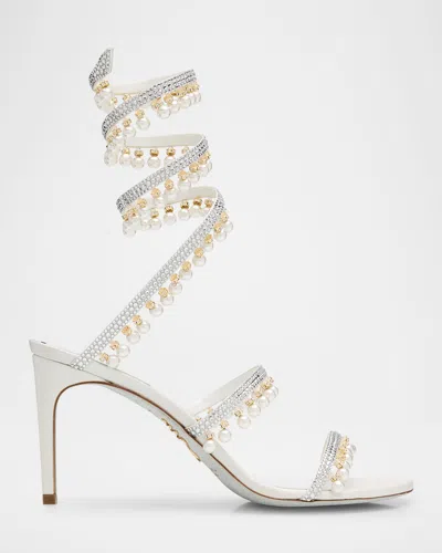 René Caovilla Chandelier Snake-wrap Cocktail Sandals In Ivory/silver
