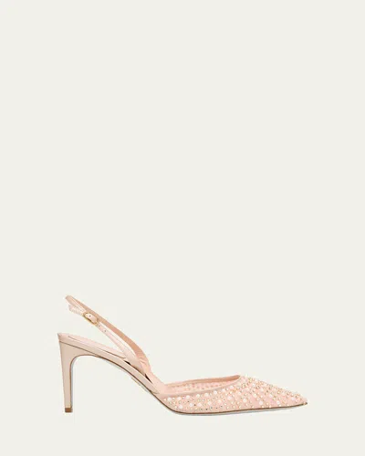 René Caovilla Cinderella Embellished Mesh Slingback Pumps In Nude