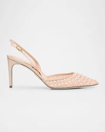 René Caovilla Cinderella Embellished Mesh Slingback Pumps In Nude