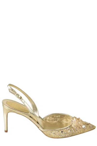 René Caovilla Crystal Embellished Slingback Pumps In Gold