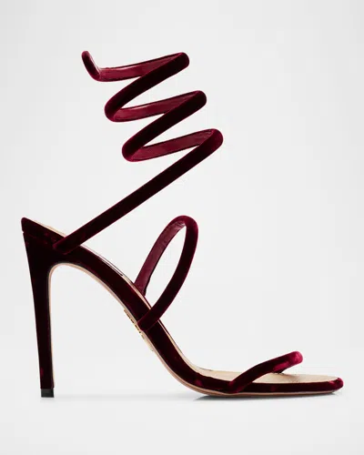 René Caovilla Spiral Design Velvet Heels With Ankle Wrap In Burgundy