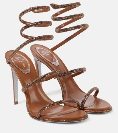 René Caovilla Cleo 105 Embellished Satin And Leather Sandals In Brown