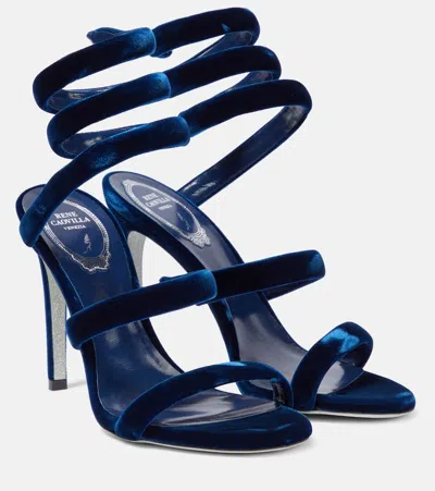 René Caovilla Cleo 105 Velvet Sandals In Blue