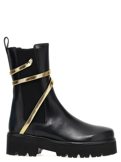 René Caovilla Cleo Chunky Sole Gold Leather Ankle Boots In Black
