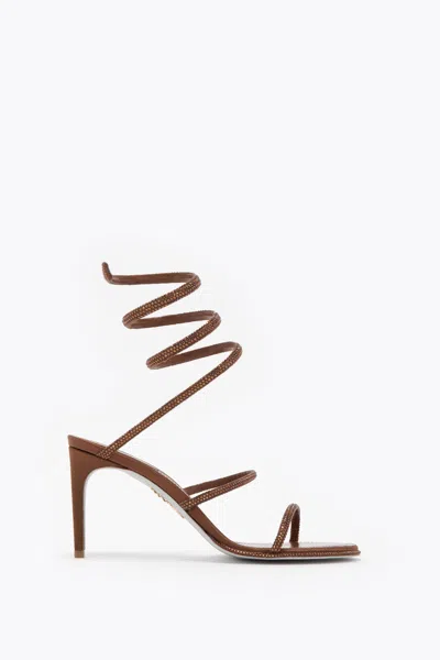 René Caovilla Cleo Brown Satin/smoked Topaz Strass Sandal