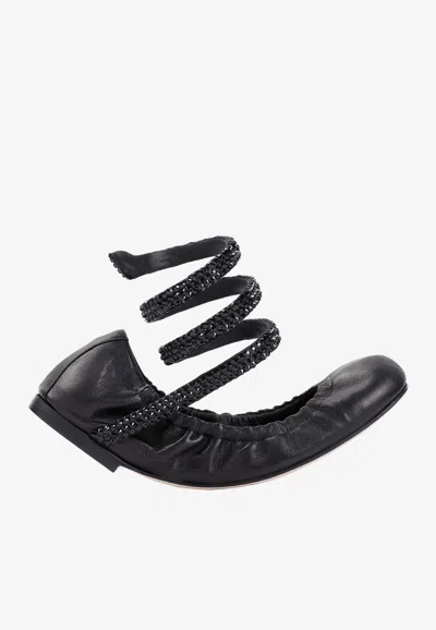 René Caovilla Lamb Leather Crystal-adorned Ballerinas In Black