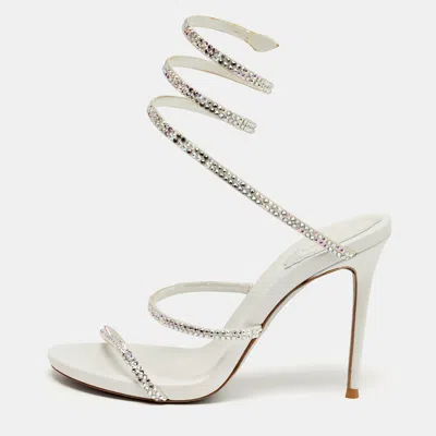 Pre-owned René Caovilla Cleo Crystal Embellished Size 37 White Satin Ankle Strap Sandals