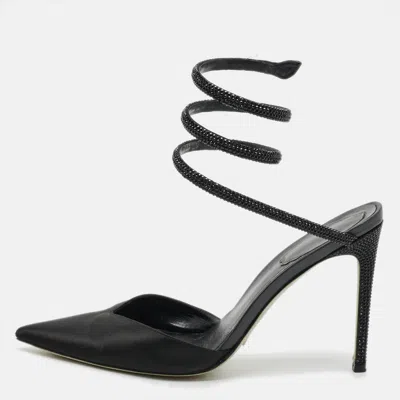 Pre-owned René Caovilla Cleo Crystal Embellished Size 37.5 Black Satin Pumps