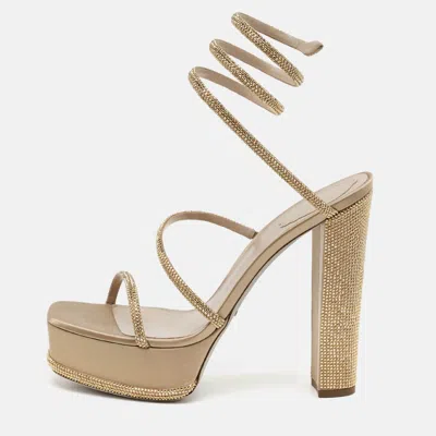 Pre-owned René Caovilla Cleo Crystal Embellished Size 42 Gold Satin Platform Sandals