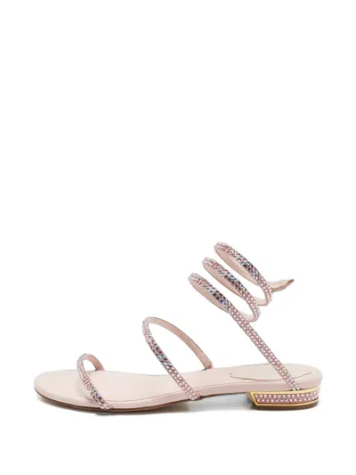 Pre-owned René Caovilla Cleo Crystal-embellished Satin Flat Sandals In Pink