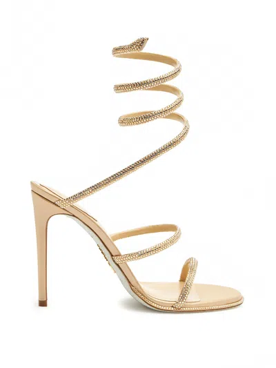 René Caovilla Cleo Sandal In Gold-tone Satin And Strass In Beige