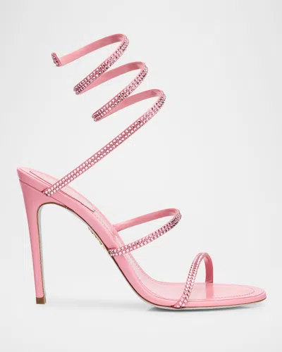 René Caovilla Cleo Satin Strass Snake-wrap Sandals In Candy