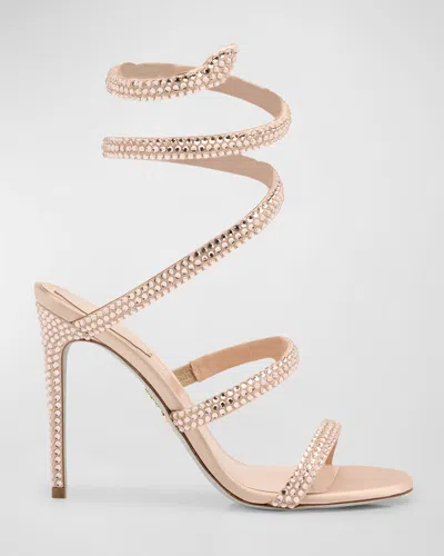 René Caovilla Cleo Satin Strass Snake-wrap Sandals In Beige Satingolden Shadow-silk