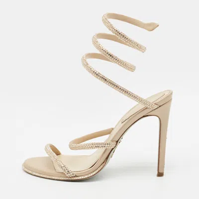 Pre-owned René Caovilla Cleo Size 35 Beige Leather And Satin Crystal-embellished Ankle Wrap Sandals