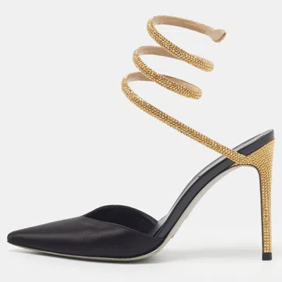 Pre-owned René Caovilla Cleo Size 35 Black/gold Satin Crystal Embellished Ankle Wrap Pumps