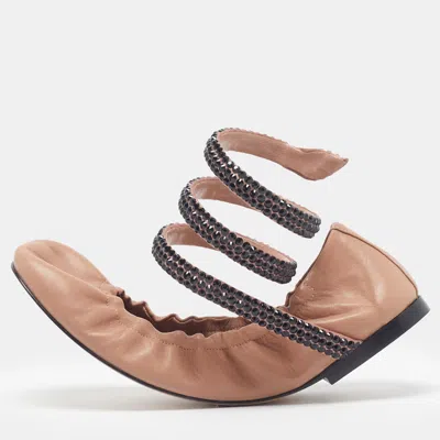 Pre-owned René Caovilla Cleo Size 36.5 Beige Leather Ankle Wrap Ballet Flats