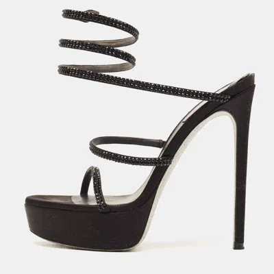 Pre-owned René Caovilla Cleo Size 37 Black Satin Crystal Embellished Platform Ankle Wrap Sandals