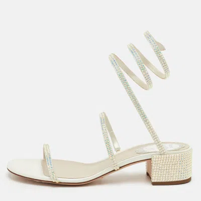 Pre-owned René Caovilla Cleo Size 37 Cream Crystal Embellished Leather Sandals In White