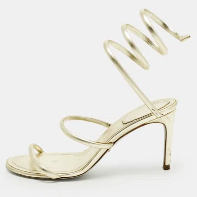 Pre-owned René Caovilla Cleo Size 37 Gold Leather Ankle Strap Sandals