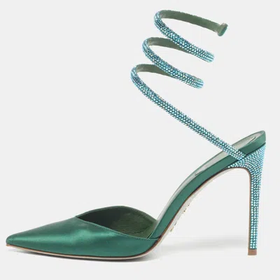 Pre-owned René Caovilla Cleo Size 37.5 Green Satin Ankle Strap Sandals