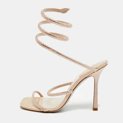 Pre-owned René Caovilla Cleo Size 38 Beige Leather And Satin Crystal Embellished Ankle Strap Sandals