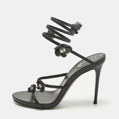 Pre-owned René Caovilla Cleo Size 38 Black Leather And Snakeskin Embossed Leather Ankle Strap Sandals