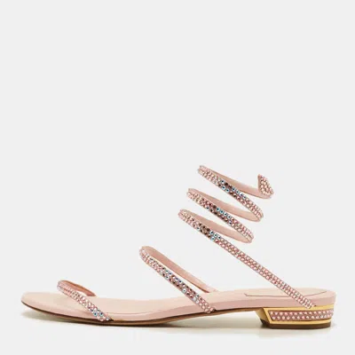 Pre-owned René Caovilla Cleo Size 38 Pink Satin Crystal Embellished Ankle Wrap Flat Sandals
