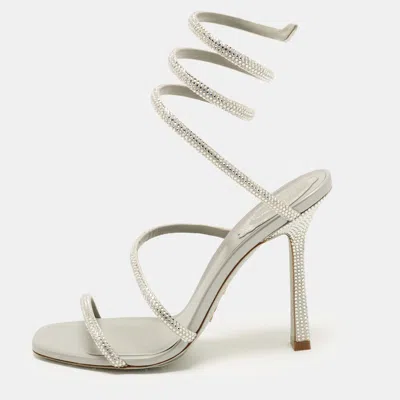Pre-owned René Caovilla Cleo Size 38 Silver Satin Crystal Embellished Ankle Wrap Sandals