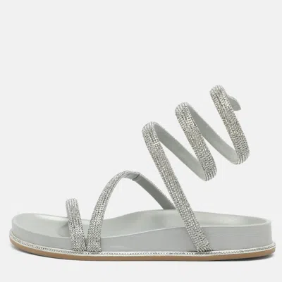 Pre-owned René Caovilla Cleo Size 38 Silver Satin Flat Ankle Wrap Sandals