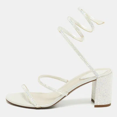 Pre-owned René Caovilla Cleo Size 38 White Leather And Satin Ankle Strap Sandals