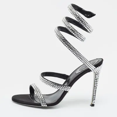 Pre-owned René Caovilla Cleo Size 39 Black Satin Ankle Strap Sandals