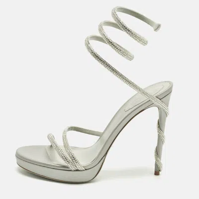 Pre-owned René Caovilla Cleo Size 39.5 Silver Satin Crystal Embellished Ankle Wrap Sandals
