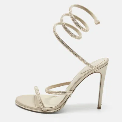 Pre-owned René Caovilla Cleo Size 40 Beige Leather And Satin Crystal Embellished Ankle Wrap Sandals