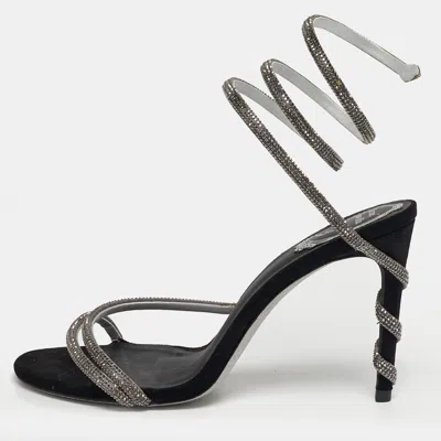 Pre-owned René Caovilla Cleo Size 40 Black Satin And Suede Crystal Embellished Ankle Strap Sandals