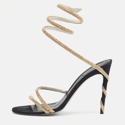 Pre-owned René Caovilla Cleo Size 40 Black Satin Crystal Embellished Ankle Strap Sandals