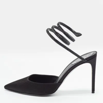 Pre-owned René Caovilla Cleo Size 40 Black Satin Crystal Embellished Ankle Wrap Pumps