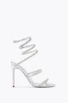 René Caovilla Metallic Leather Strass Snake Ankle Wrap Sandals In Silver