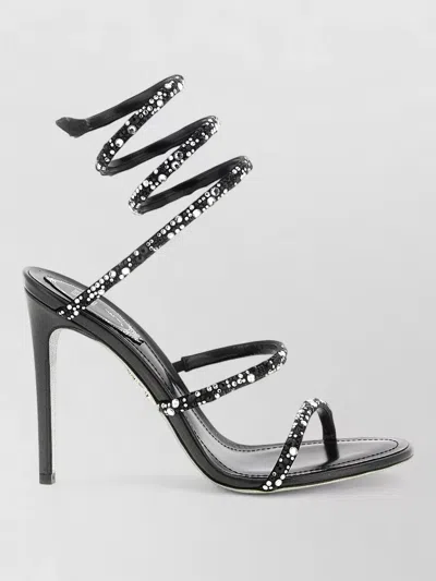 René Caovilla Cleo Stiletto Sandals Open Toe Spiral Straps In Black