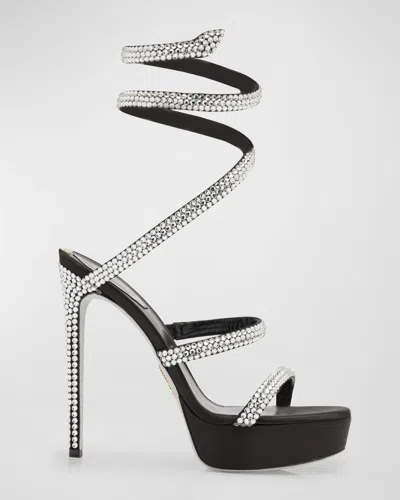 René Caovilla Cleo Strass Snake-wrap Platform Sandals In Black/silver