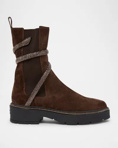 René Caovilla Cleo Suede Strass Snake Combat Boots In Brown