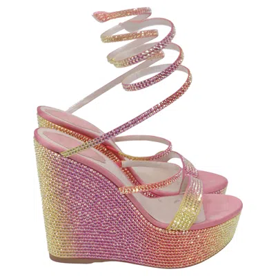 Pre-owned René Caovilla Cleo Tropical Wrap Wedge Sandals In Pink Sequin
